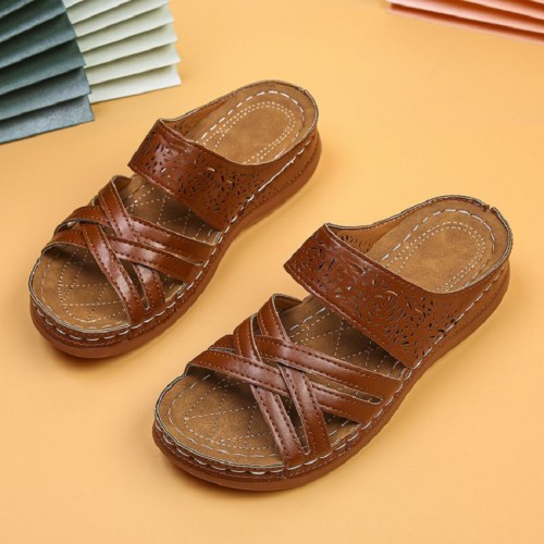 Open Toe Vintage Anti-slip Breathable Leather Casual Slippers