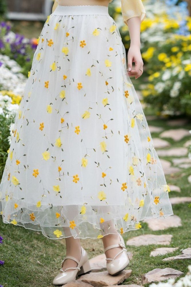 Summer Embroidered Chiffon Small Floral Commuter All-match A-line Skirt