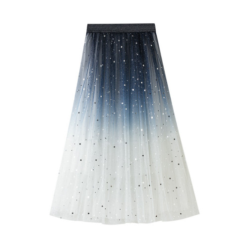 Starry Sky Mesh Gradient Color Fashion Mid-Length Elastic Waist Skirt