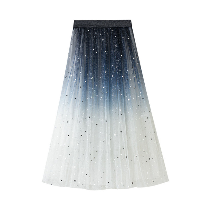 Starry Sky Mesh Gradient Color Fashion Mid-Length Elastic Waist Skirt