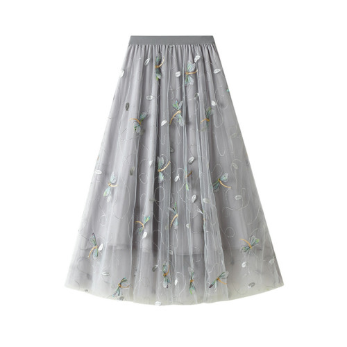 Women's Elegant 3D Dragonfly Embroidery Mesh High Waist Skirt