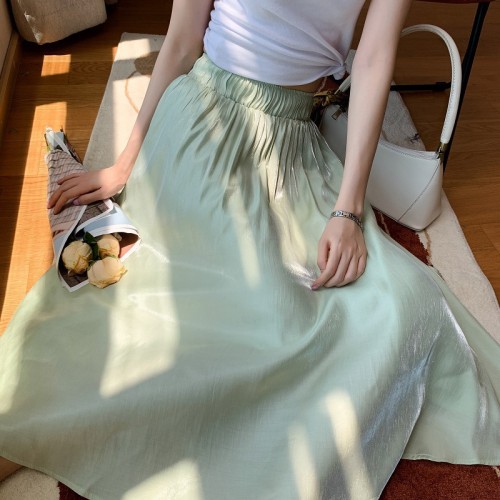 Women Half-length Gilt Satin Pearl Shiny Surface Silky High Waist Skirt