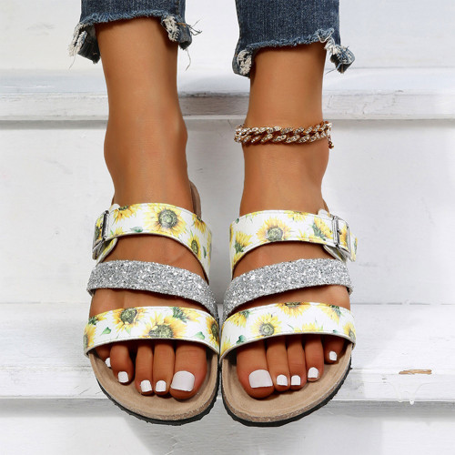 Plus Size Floral Printed Open Toe Roman Platforms Slippers