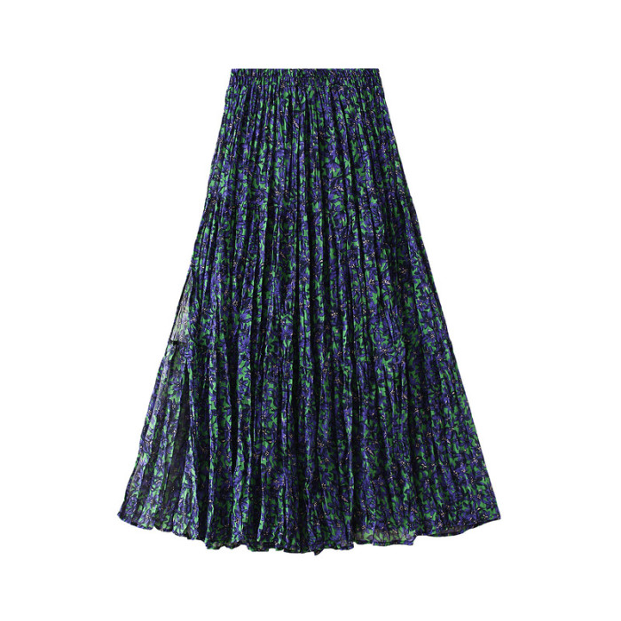 Women Folds Print Bohemian Polyester A-LINE Mid-Calf Split Skirts