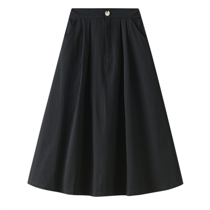 Summer Solid A-Line Mid-Length With Pockets Elastic Waist Skirts