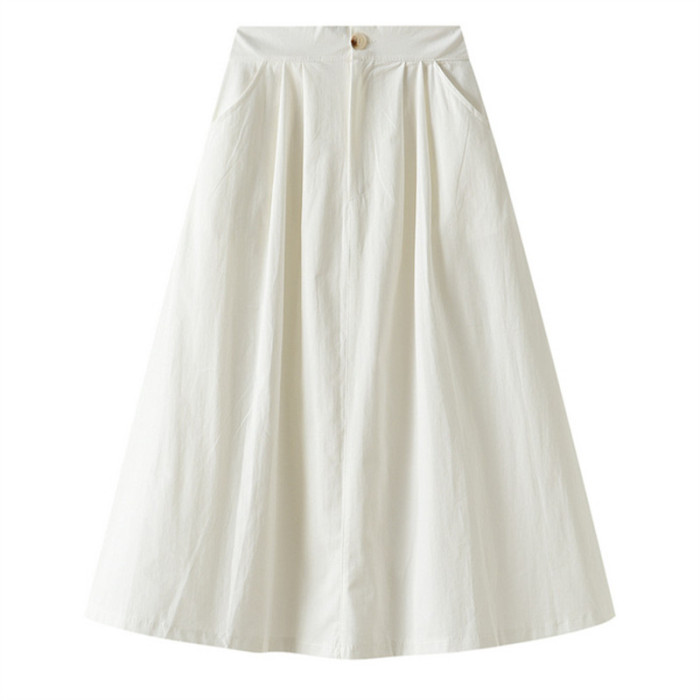 Summer Solid A-Line Mid-Length With Pockets Elastic Waist Skirts