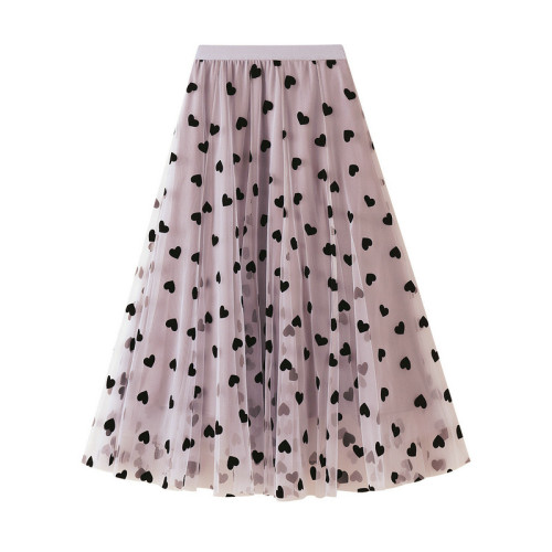 Spring Summer Vintage High Waist Love Heart Print Tulle Skirt