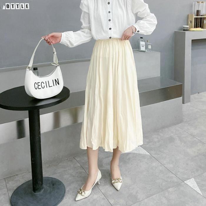 New Casual Korean Elastic High Waist Thin Simple Pleated Skirt