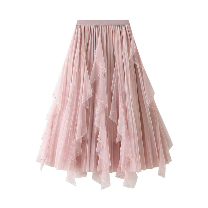 Summer Irregular Ruffles Mesh Long Fairy A-line Skirts