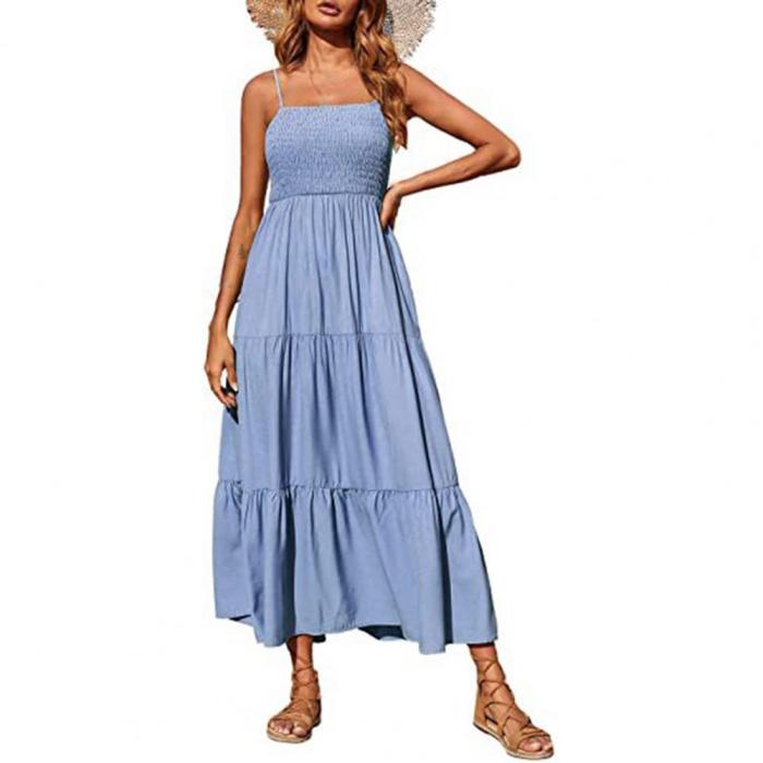 Summer Solid Color Pleated Shoulder Maxi Dress