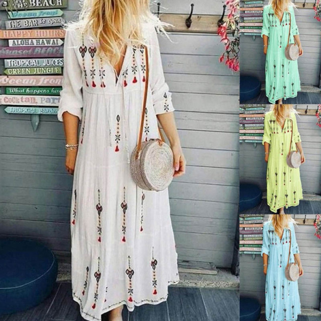 Women's V-Neck Multicolor Printing Maxi Dress Long-Sleeved Ethnic Beach Dress