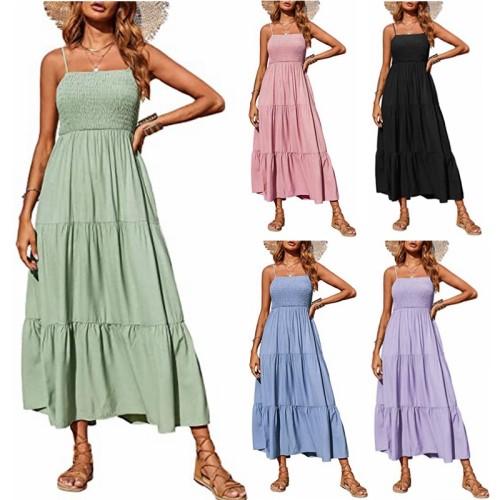 Summer Solid Color Pleated Shoulder Maxi Dress