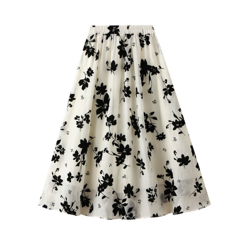 Women's Casual Floral Elastic High Waist Midi A-Line Skirts