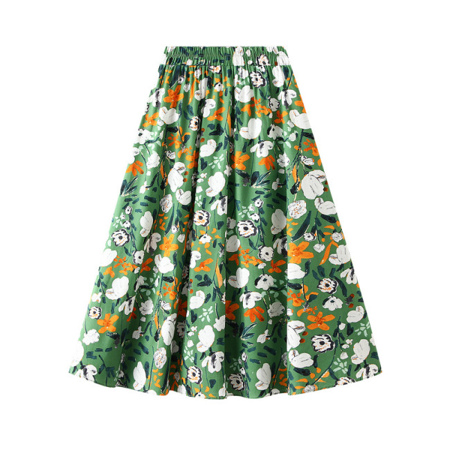 Women's Floral Print Elastic High Waist Pleated A-Line Midi Skirts