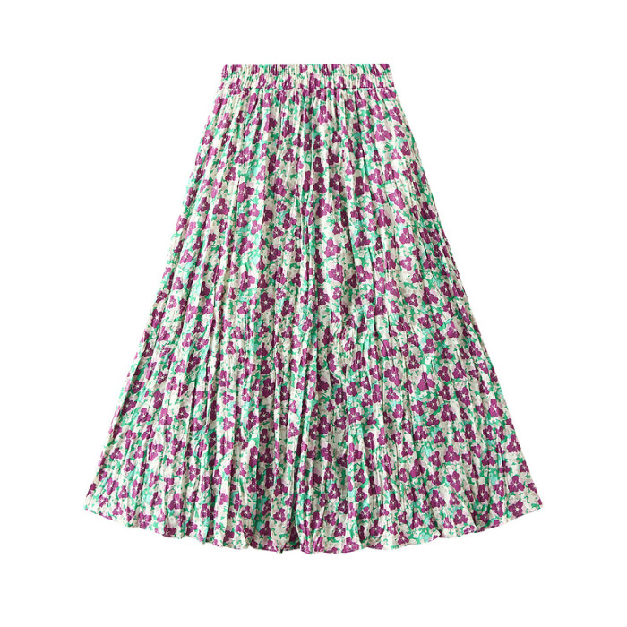 Summer Print Floral Elastic Waist A-Line Midi Length Skirts