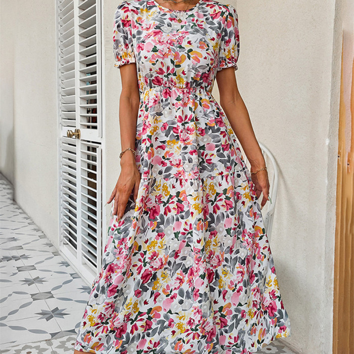 Elegant Floral Print Casual Puff Sleeve Ruffle Big Hem Beach Casual Dress