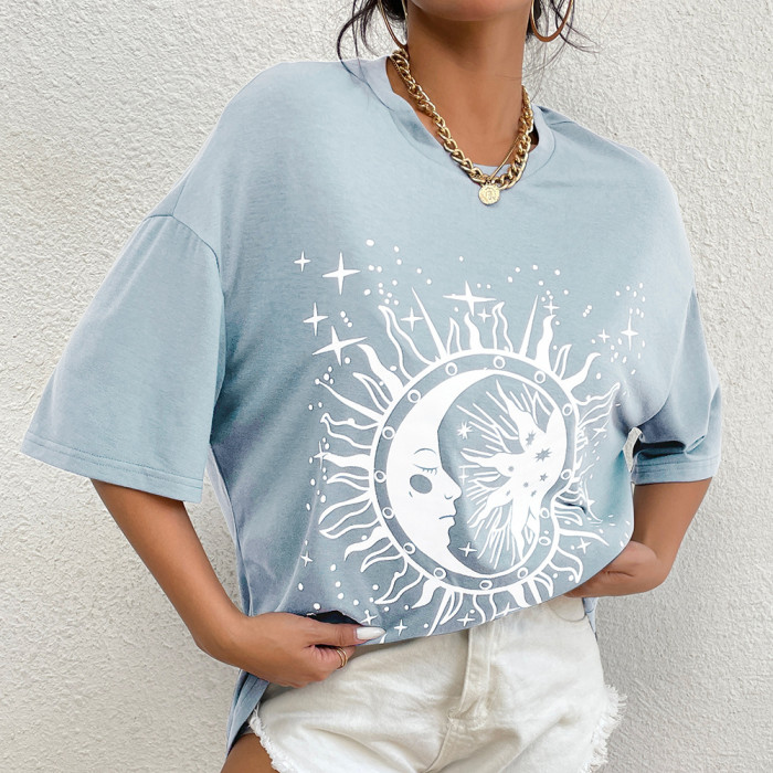 Summer O-Neck Vintage Sun Moon Graphic Printed T-Shirt