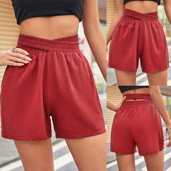 Women's Casual Solid High Waist Elastic Band Soft Sports Shorts