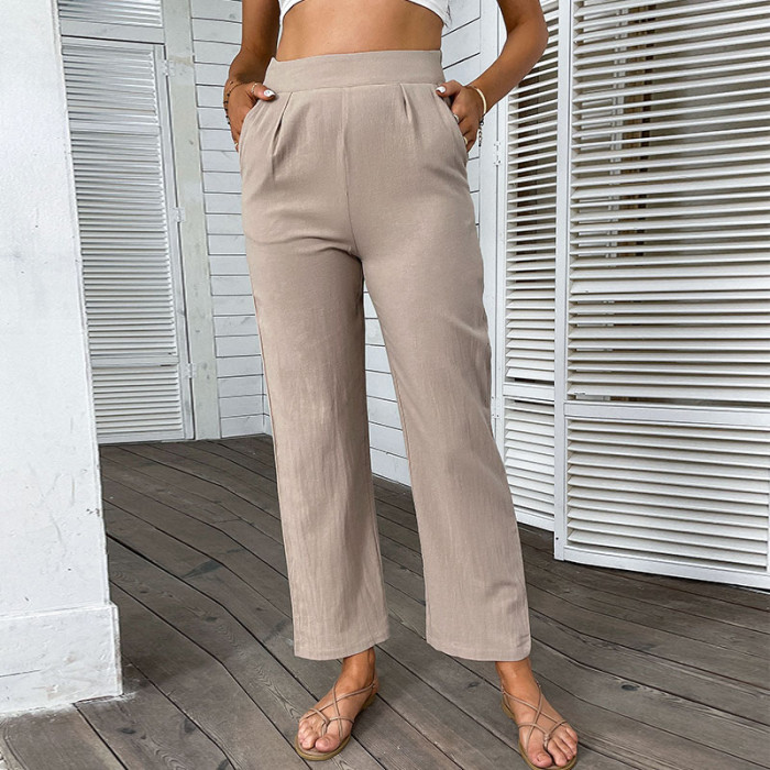 Women's Cotton Linen Straight High Waist Solid Pocket Casual Pants