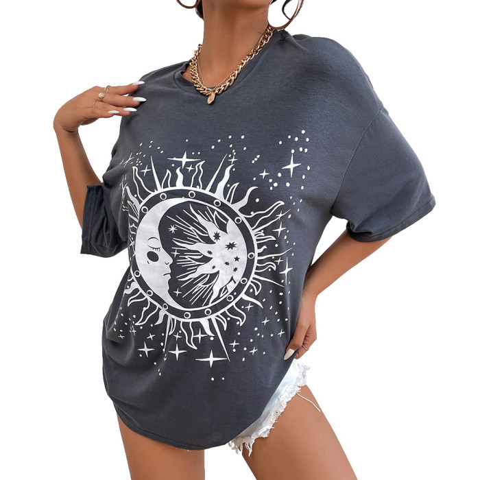 Summer O-Neck Vintage Sun Moon Graphic Printed T-Shirt