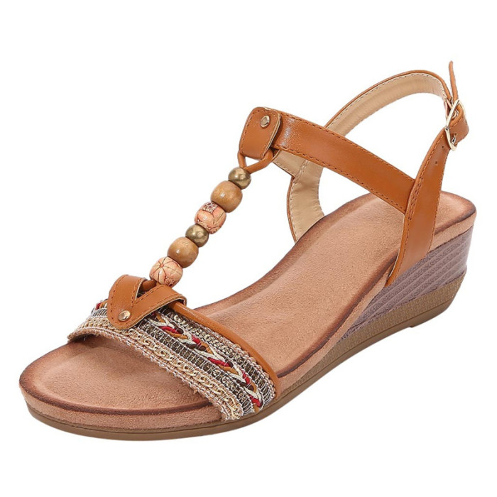 Vintage Beaded Bohemian Solid Rubber Wedge Sandals