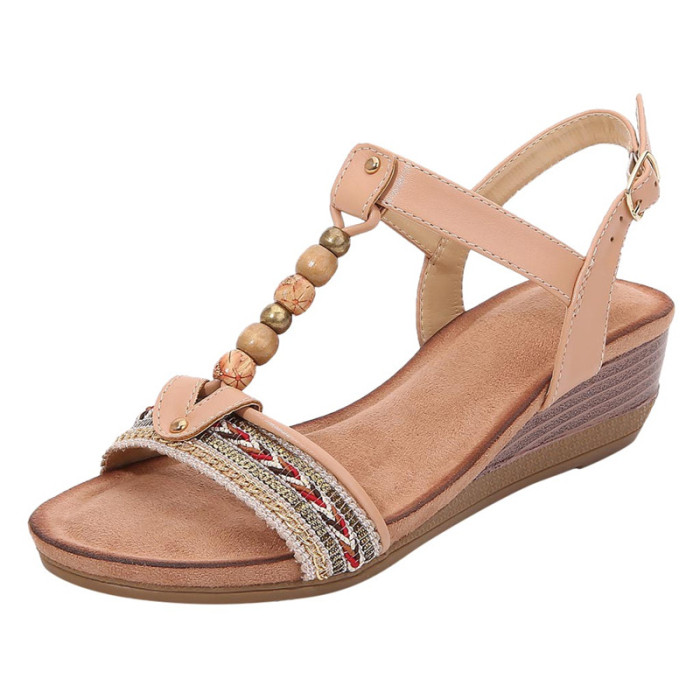 Vintage Beaded Bohemian Solid Rubber Wedge Sandals