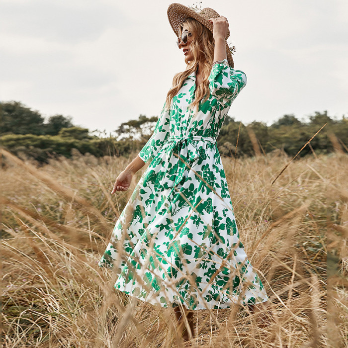 Women's Print Bohemian Turn Down Collar Elegant Maxi Dress