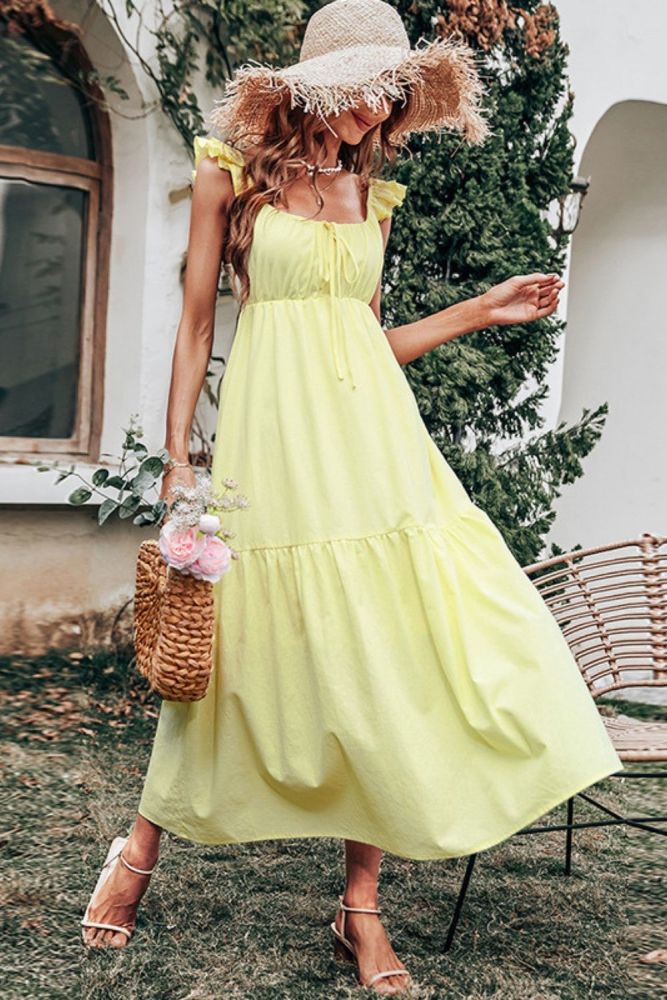 Summer Women's Yellow Sling High Waist Square Collar Casual Dress