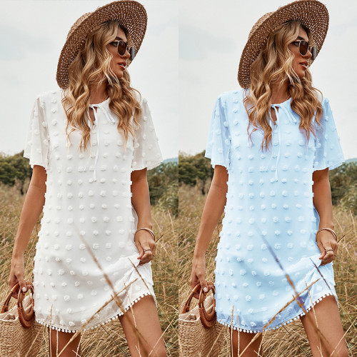 Summer Sweet Lace Up O-neck Solid Chiffon Casual Dress