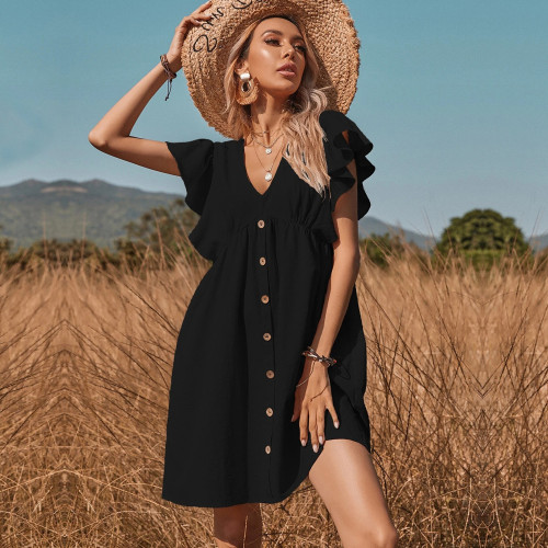 Boho V-neck Country Row Of Buttons Big Swing Casual Dress