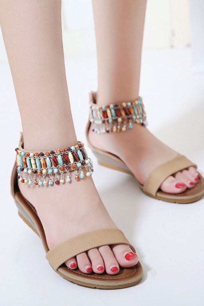 Summer Fashion String Bead Pendant Casual Wedges Sandals