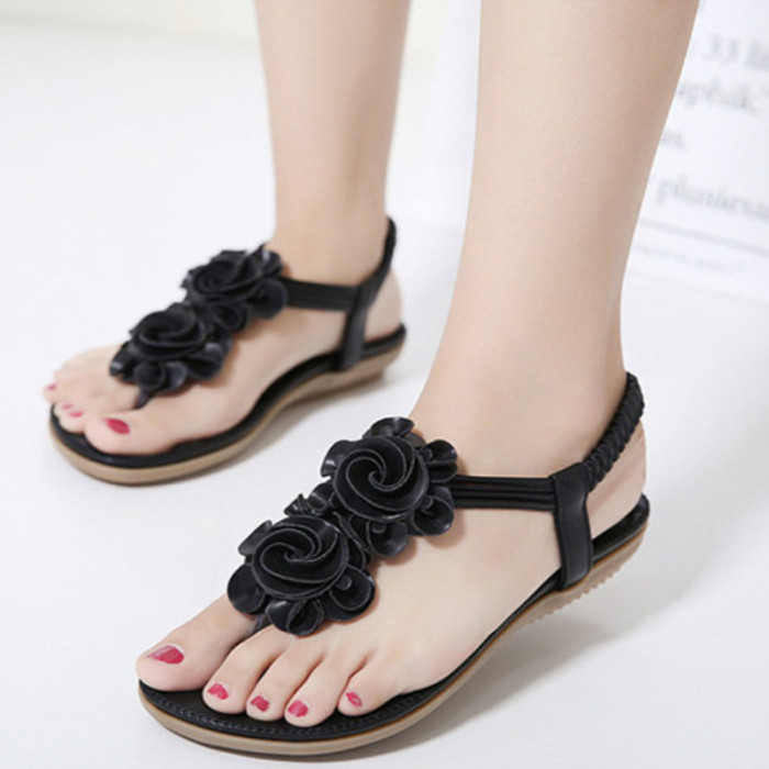 Women's Flat Solid Flower Elastic Band Beach Sandals