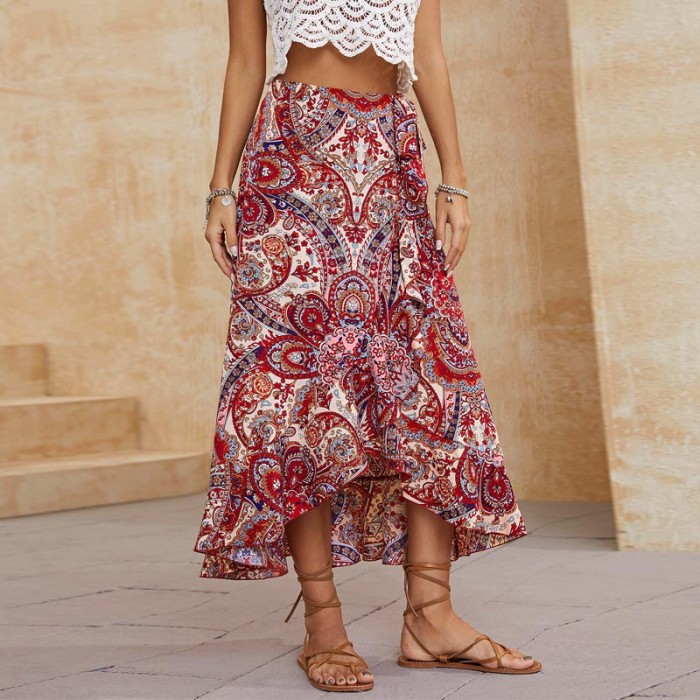 Women Bohemian Print Irregular Side Tie Beach Casual Elegant Midi Skirt