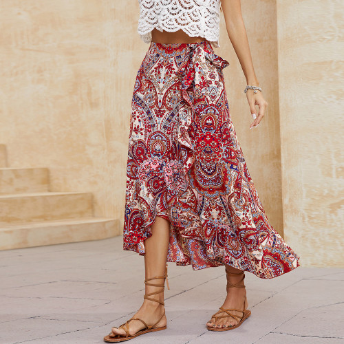 Women Bohemian Print Irregular Side Tie Beach Casual Elegant Midi Skirt