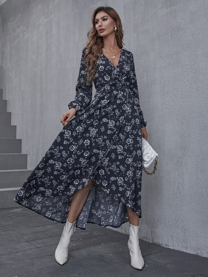 Women Elegant Chiffon Floral Print Lantern Sleeve A-line Maxi Dress