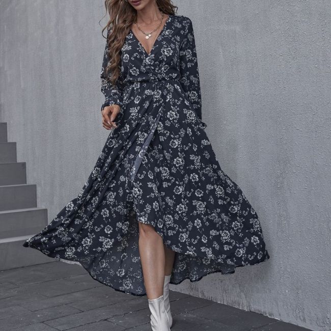 Women Elegant Chiffon Floral Print Lantern Sleeve A-line Maxi Dress