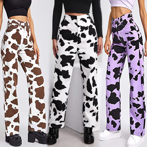 Women High Waist Stright Vangull Fashion Cow Print Denim Pants