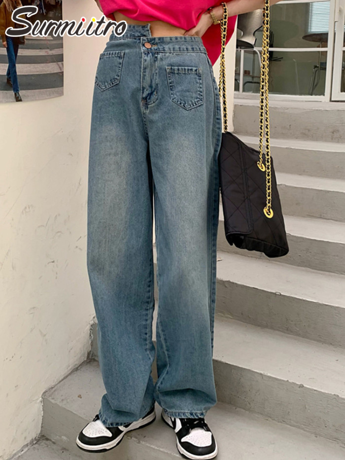 Fashion Loose Wide Leg Irregular High Waist Denim Jeans
