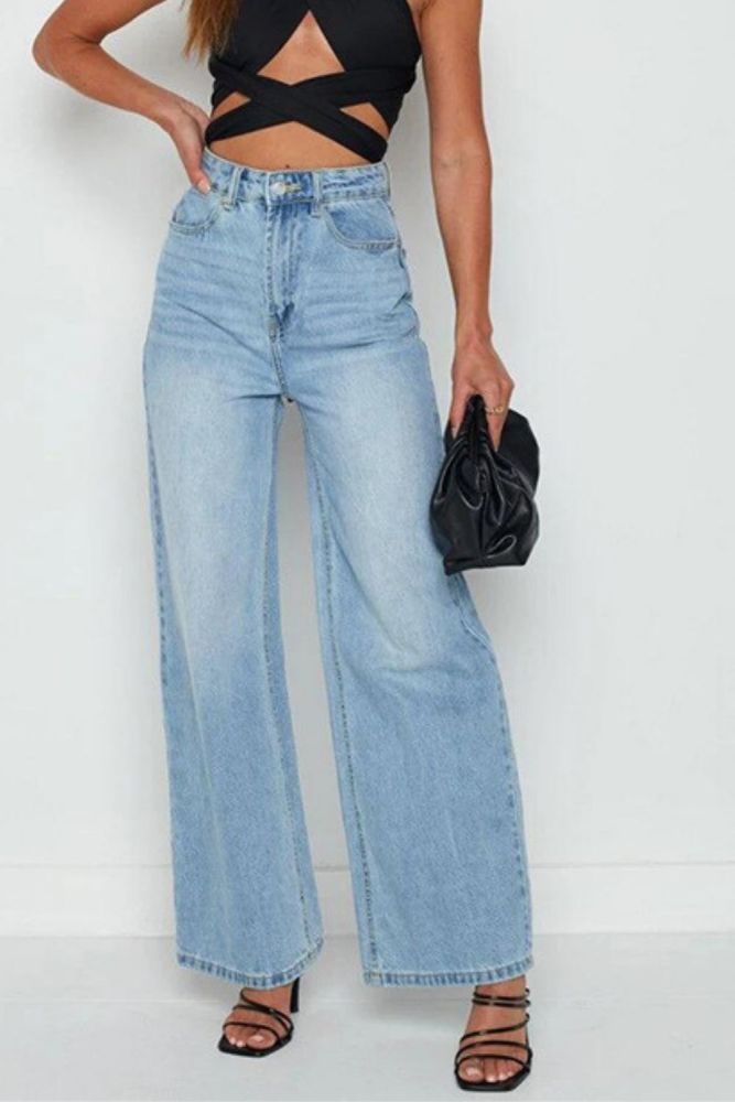 Women's Blue Loose Casual High Quality Washed Straight Leg Jeans
