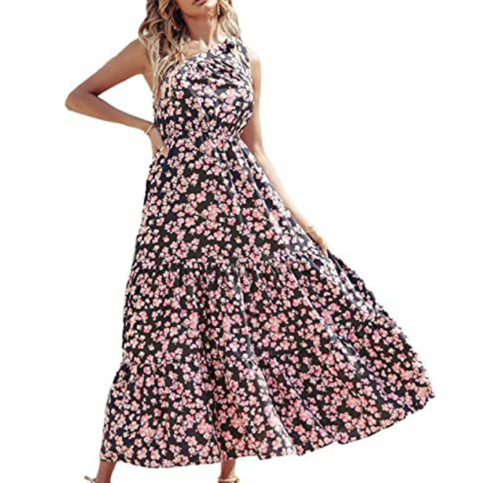 Summer Floral Print Boho Sexy Backless Pleated Patchwork Maxi Dress
