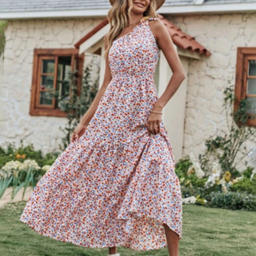 Summer Floral Print Boho Sexy Backless Pleated Patchwork Maxi Dress