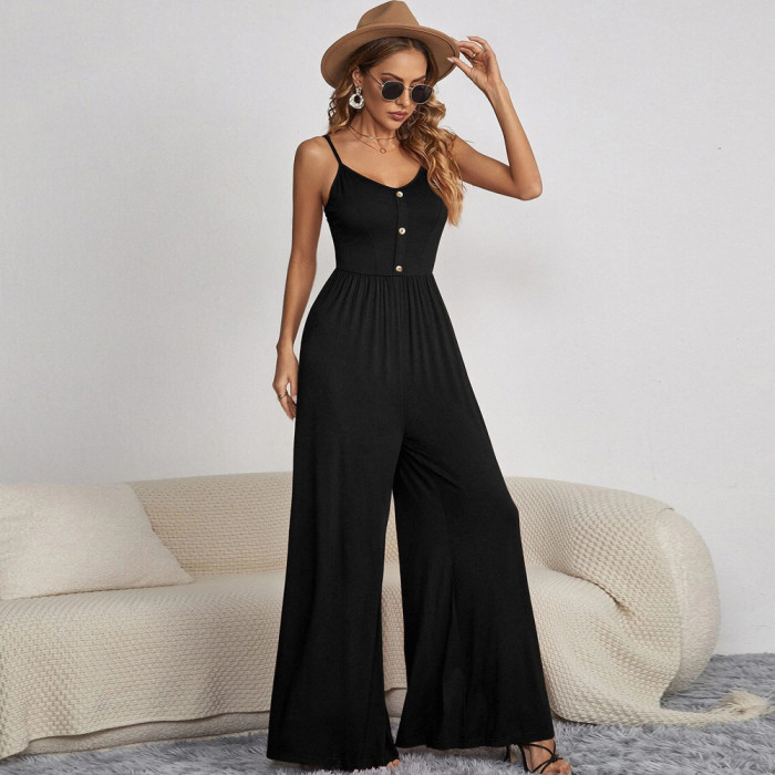 Summer Pleated Wide Leg Pants Casual Solid Sleeveless Loose Jumpsuits