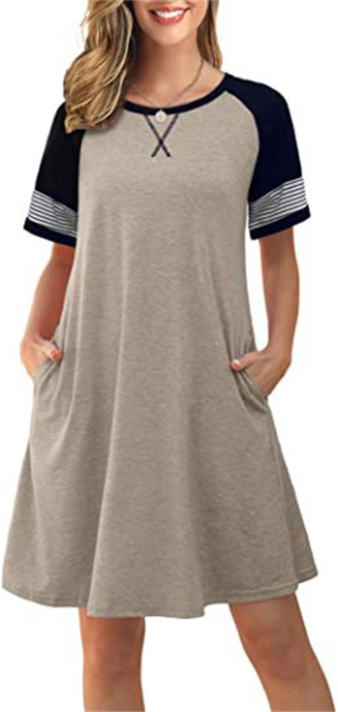 Fashion Stitched O-Neck Stripe Pocket Casual Dress