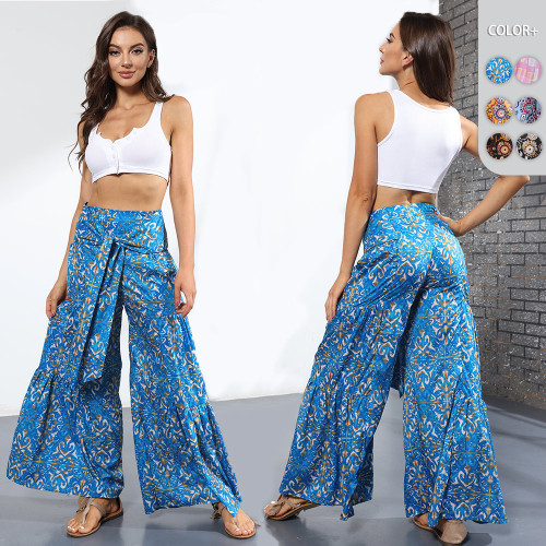 Summer Women's Tied Rope Casual Loose Big Flare Wide Leg Pants
