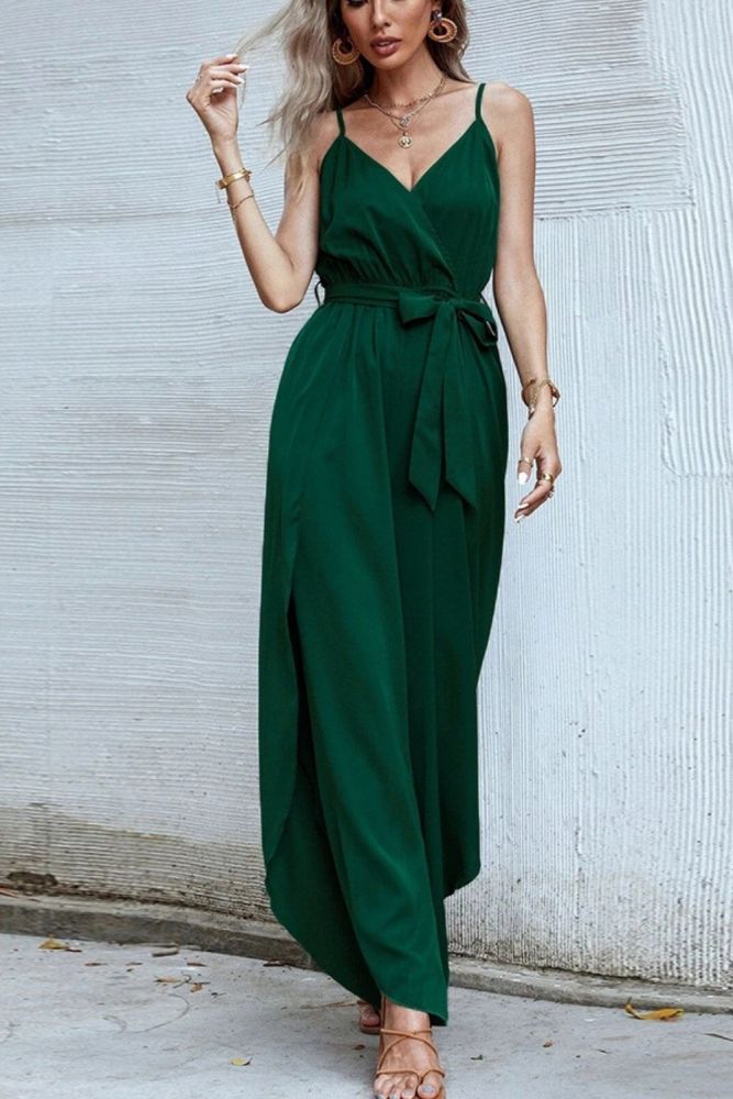 Summer Elegant Green Sexy Sling V-neck Straight Wide-leg Jumpsuit