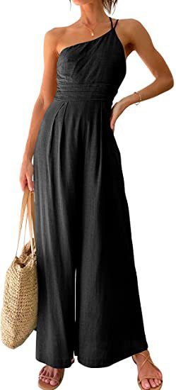 Summer Elegant Wide Leg One-Shoulder Cotton Linen Jumpsuit