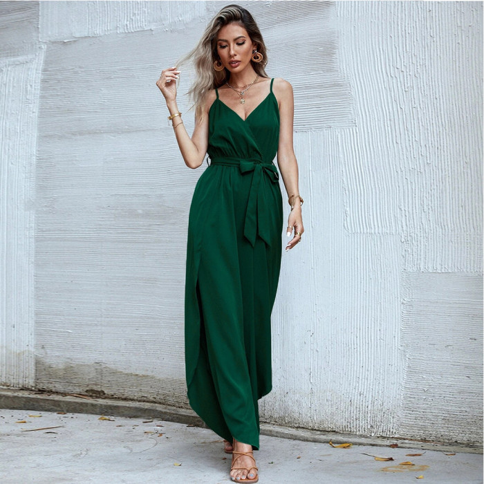 Summer Elegant Green Sexy Sling V-neck Straight Wide-leg Jumpsuit