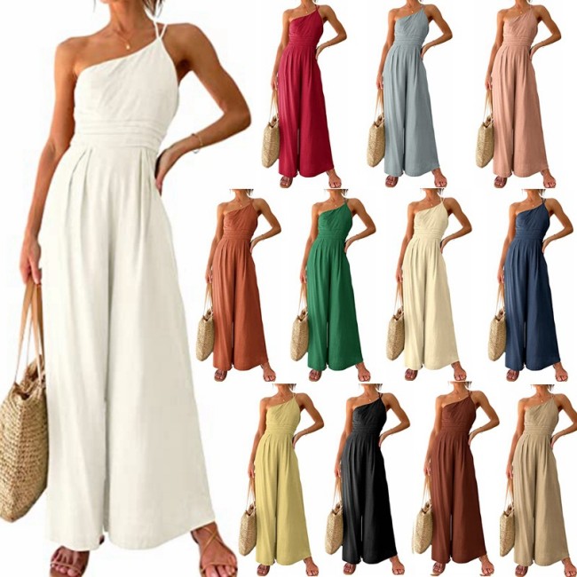 Summer Elegant Wide Leg One-Shoulder Cotton Linen Jumpsuit