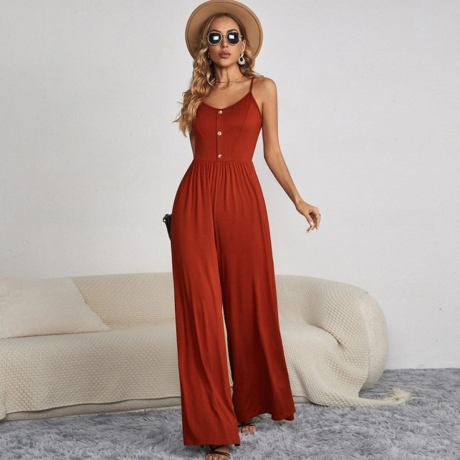 Summer Pleated Wide Leg Pants Casual Solid Sleeveless Loose Jumpsuits