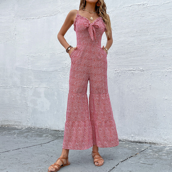 Women's Summer Floral Casual Red Bowknot Halter Wide Legs Jumpsuit